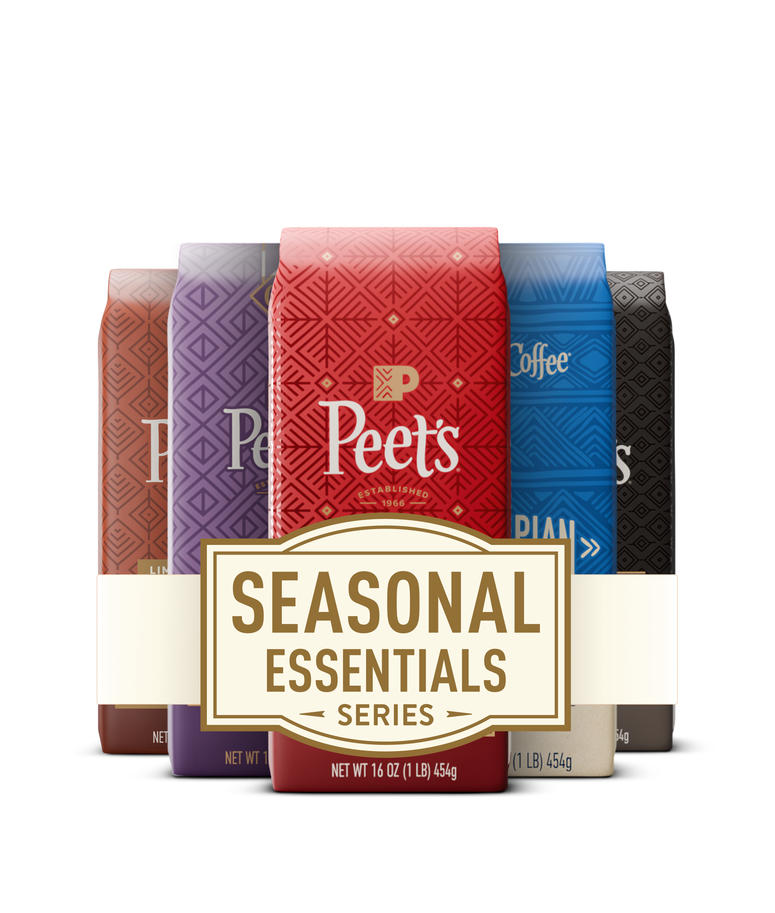 A group of Peets coffee bags from the Seasonal Essentials Series, including Red, Purple, Blue, and Brown varieties, arranged in a row with a white paper band across the middle.